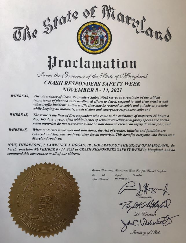 Governor's Proclamation Crash Responders Safety Week November 2021