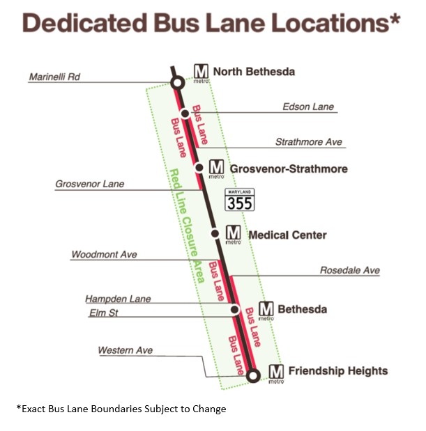 Dedicated bus lane locations on Wisconsin Avenue
