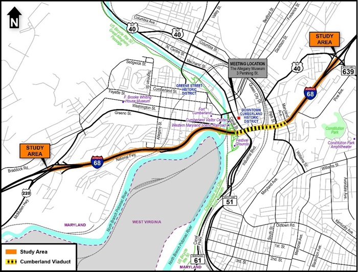 I-68 study area and meeting location
