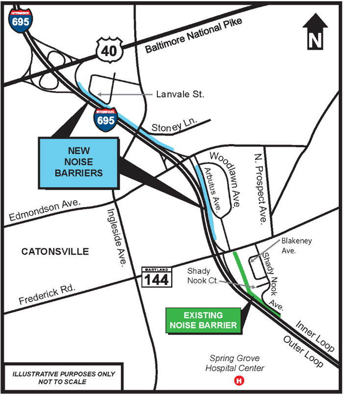 map of noise barrier installation at Ingleside Avenue under I-695