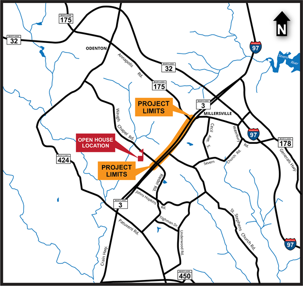 project map of MD 3 (Crain Highway) from north of MD 175 (Annapolis Road) to Waugh Chapel Road in Gambrills/Millersville