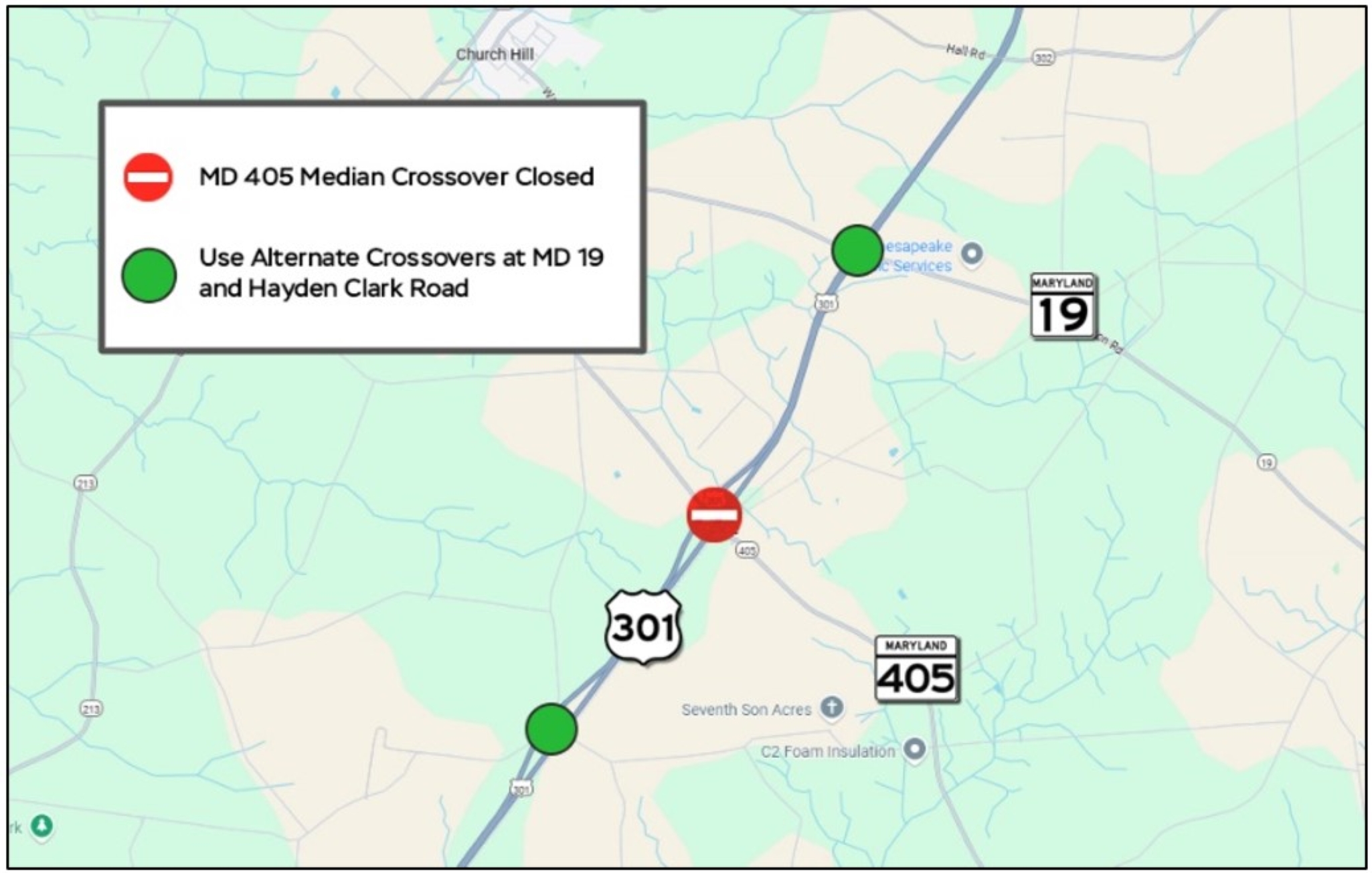 MD 405 (Price Station Road) median crossover at US 301 (Blue Star Memorial Highway)