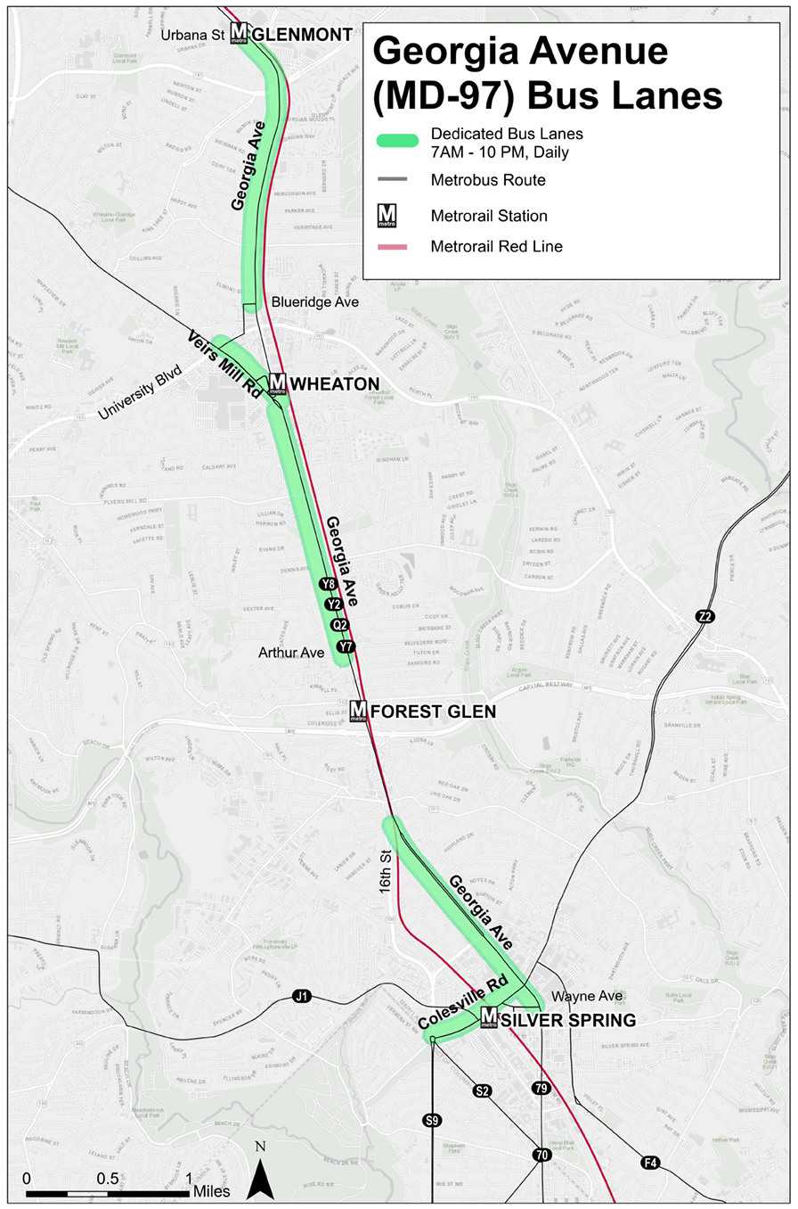 map of bus lanes near MD 97