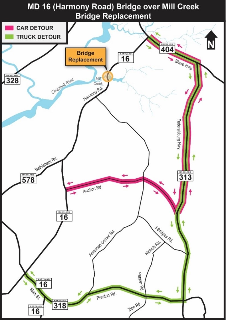 MD 16 (Harmony Road) Bridge replacement detour map