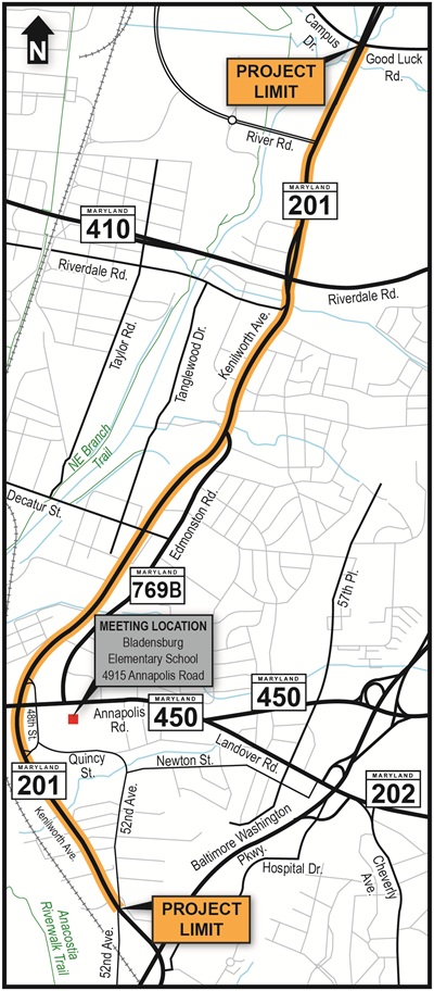 MD 201 PSAP project limit map with meeting location