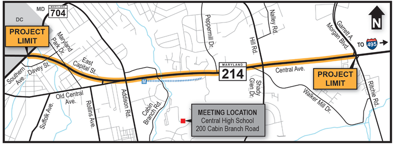 Map of MD 214 project limits and meeting location