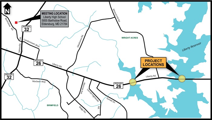 map of MD 26 bridges in Carroll County, project and meeting location