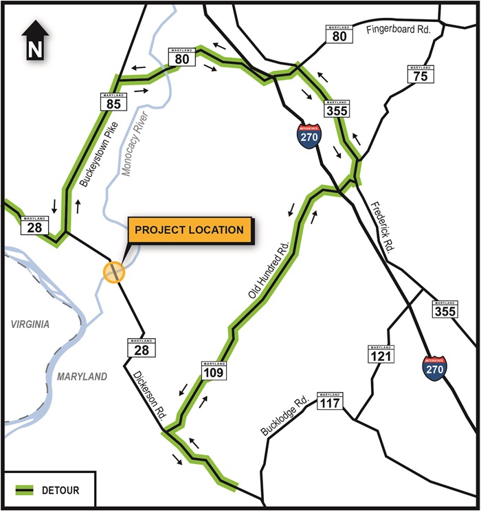 Map of MD 28 over the Monocacy River