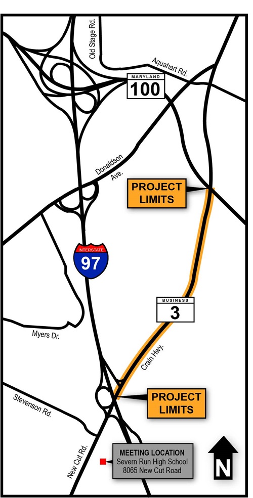 MD 3 Crain Highway project limits and public meeting location