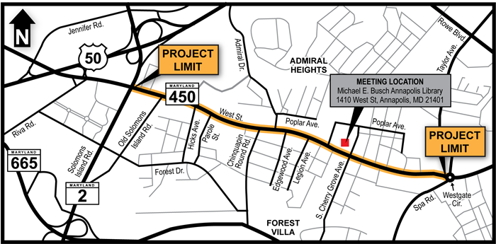 map of MD 450 project limits and meeting location