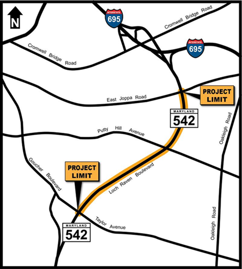 MD 542 Loch Raven Boulevard road improvement and drainage pipe replacement map