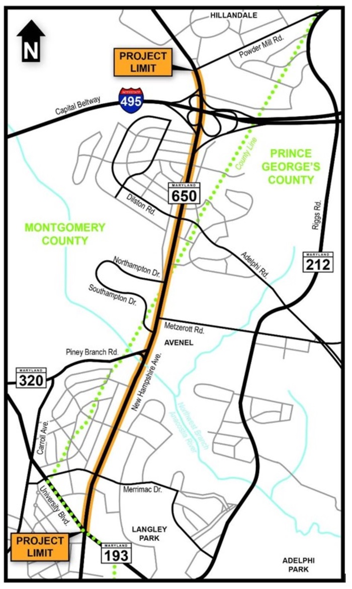 Map of MD 650 Pedestrian Safety Action Plan