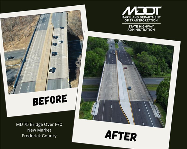 MD 75 sign over I-70 in New Market Maryland before and after photos