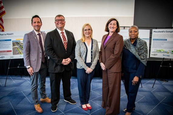Dignitaries at PSAP press conference on February 9 2026: Stuart Michael Schmidt, Jr. District 33B Delegate; MDOT State Highway Administration Administrator Will Pines; Dana Jones, District 30A Delegate; MDOT Acting Secretary Katie Thomson, Beryl Downs - Chief of Staff for State Senator Shaneka Henson