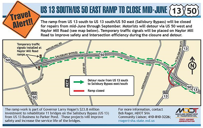 US 13 South Ramp to Salisbury Bypass Will Temporarily Close - MDOT SHA