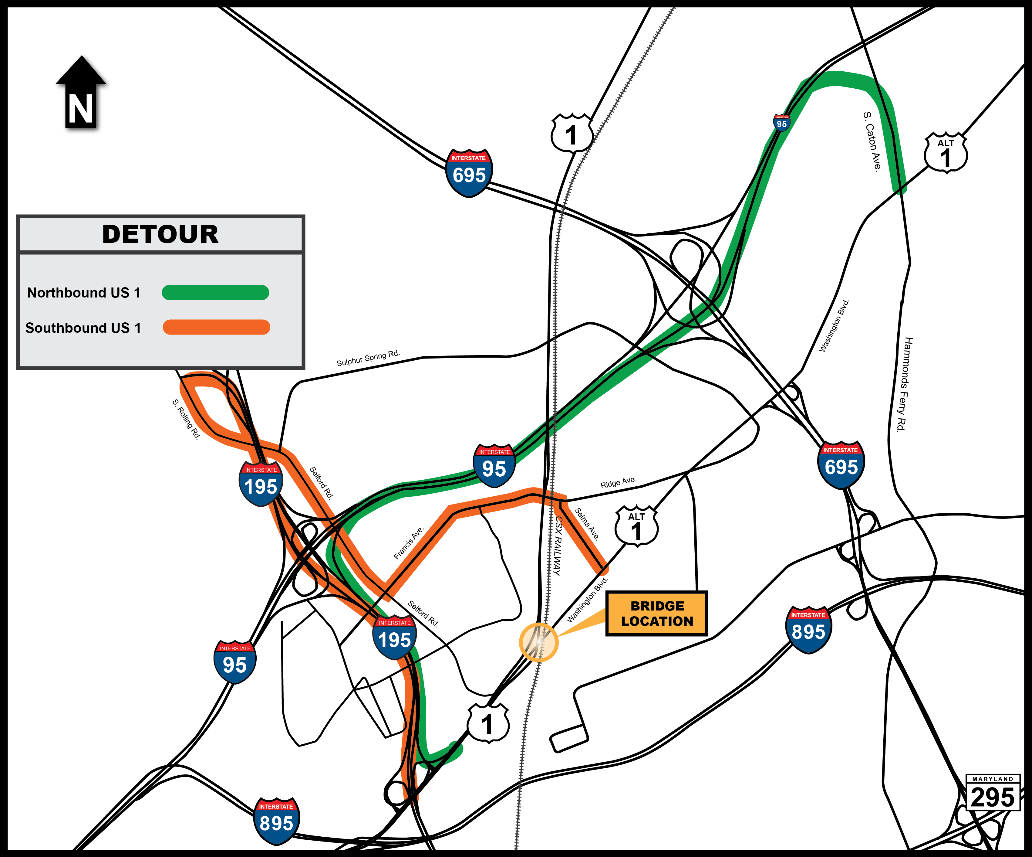 Detour map for Washington Boulevard Brdige over CSX