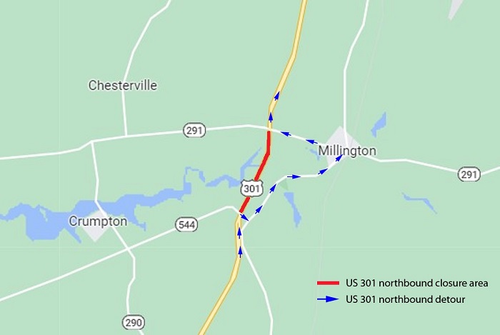 Map depicting detour for northbound US 301 traffic