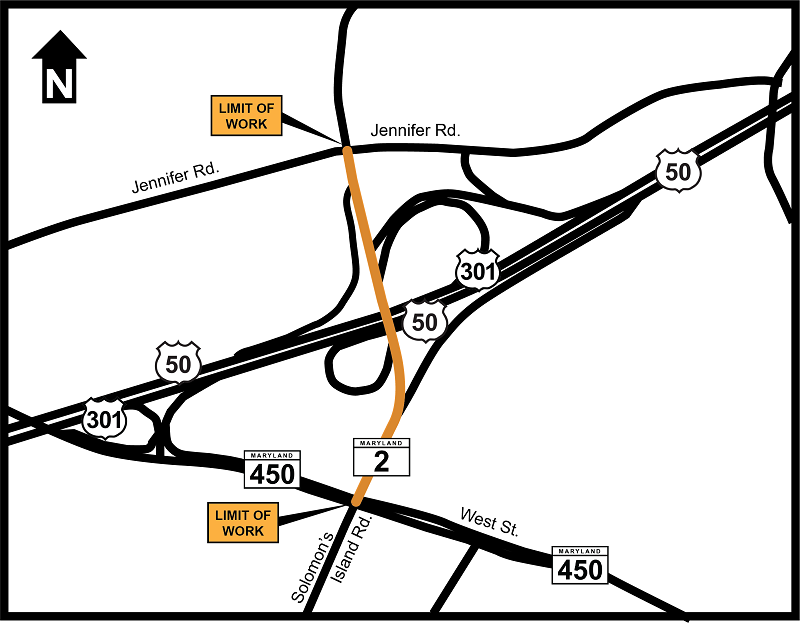 map of US 50 and MD 2 construction